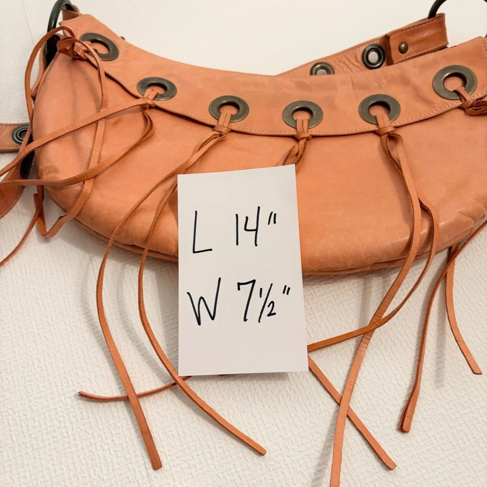 VTG Mussio DeGroot Coral Leather Fringe Hobo Bag Brass Grommet Boho Shoulder Bag